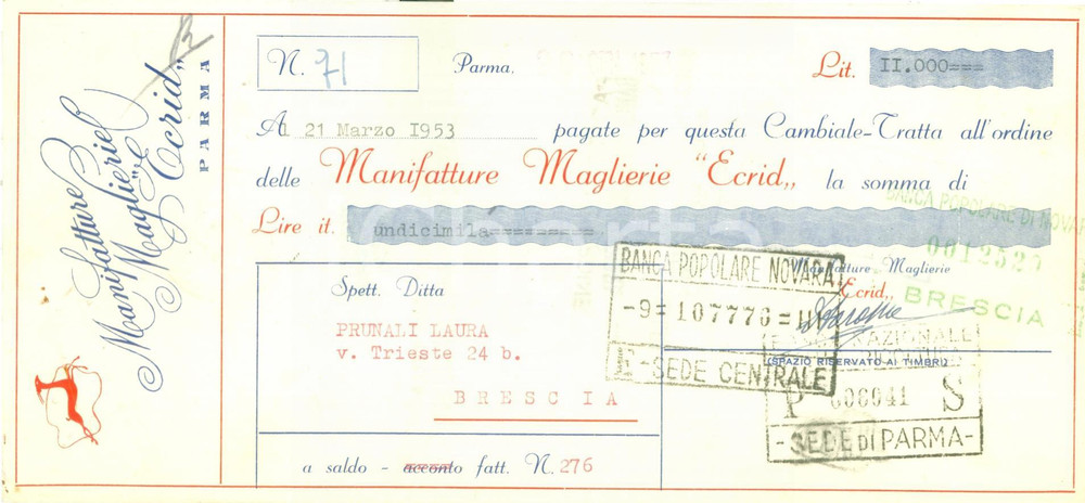 Oggetto da collezione cartaceo 1953 PARMA Manifatture Maglierie ECRID Cambiale intestata 1