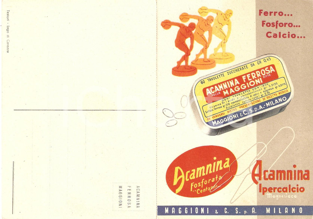 Materiale pubblicitario d’epoca 1948 MILANO Laboratori MAGGIONI Farmaco ACAMNINA FERROSA Pieghevole Illustrato 1