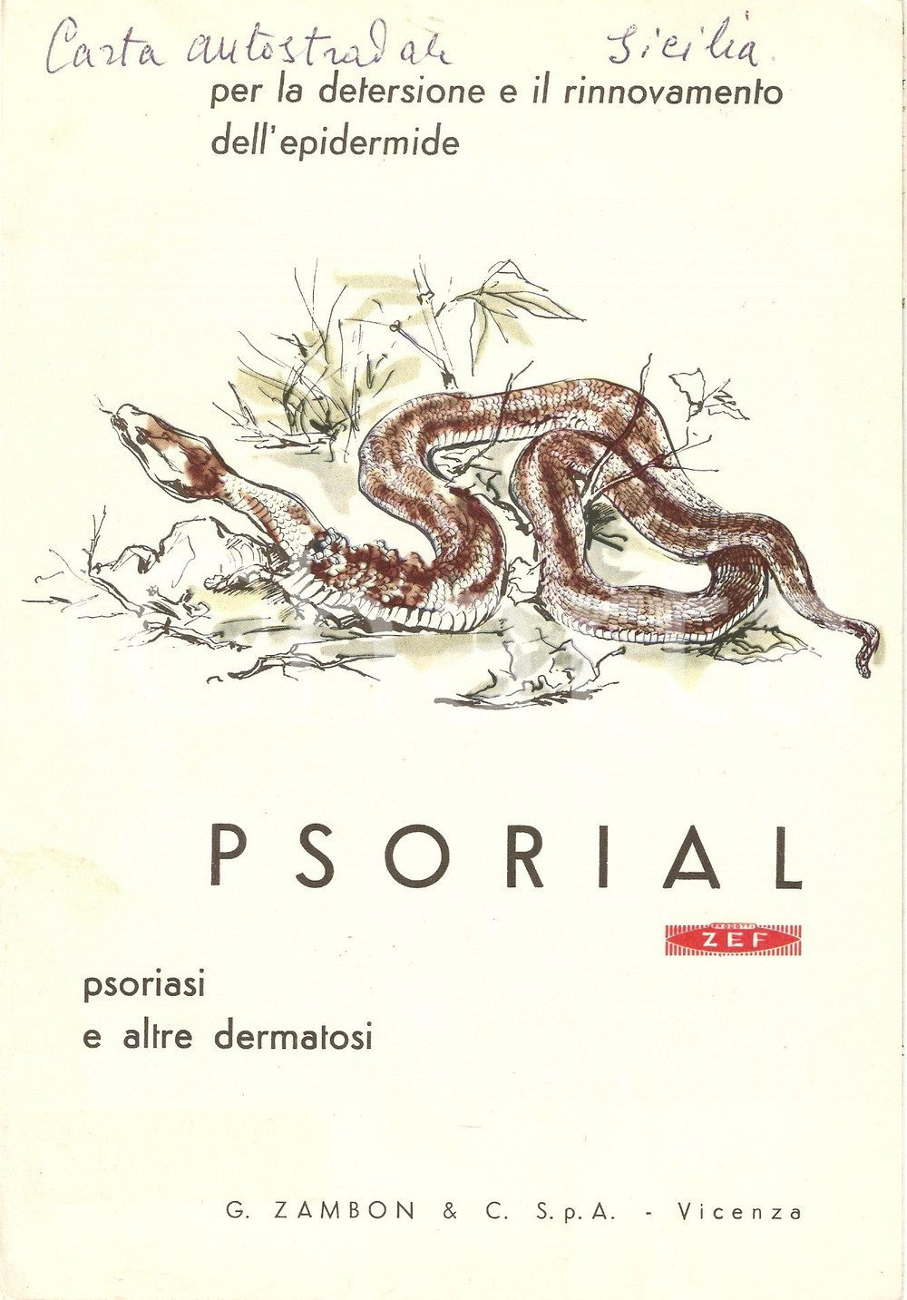 Materiale pubblicitario d’epoca 1955 VICENZA Gaetano ZAMBON Prodotto ZEF Farmaco PSORIAL Pieghevole ILLUSTRATO 1