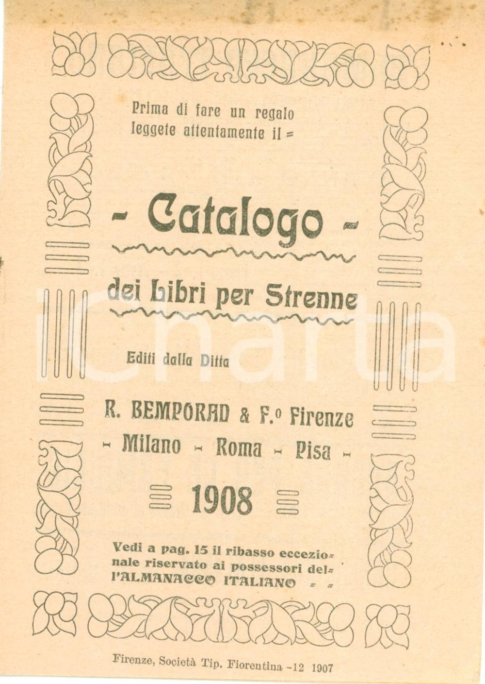 Documento originale, autentico 1908 FIRENZE Roberto BEMPORAD & Figlio Catalogo libri per strenne 1