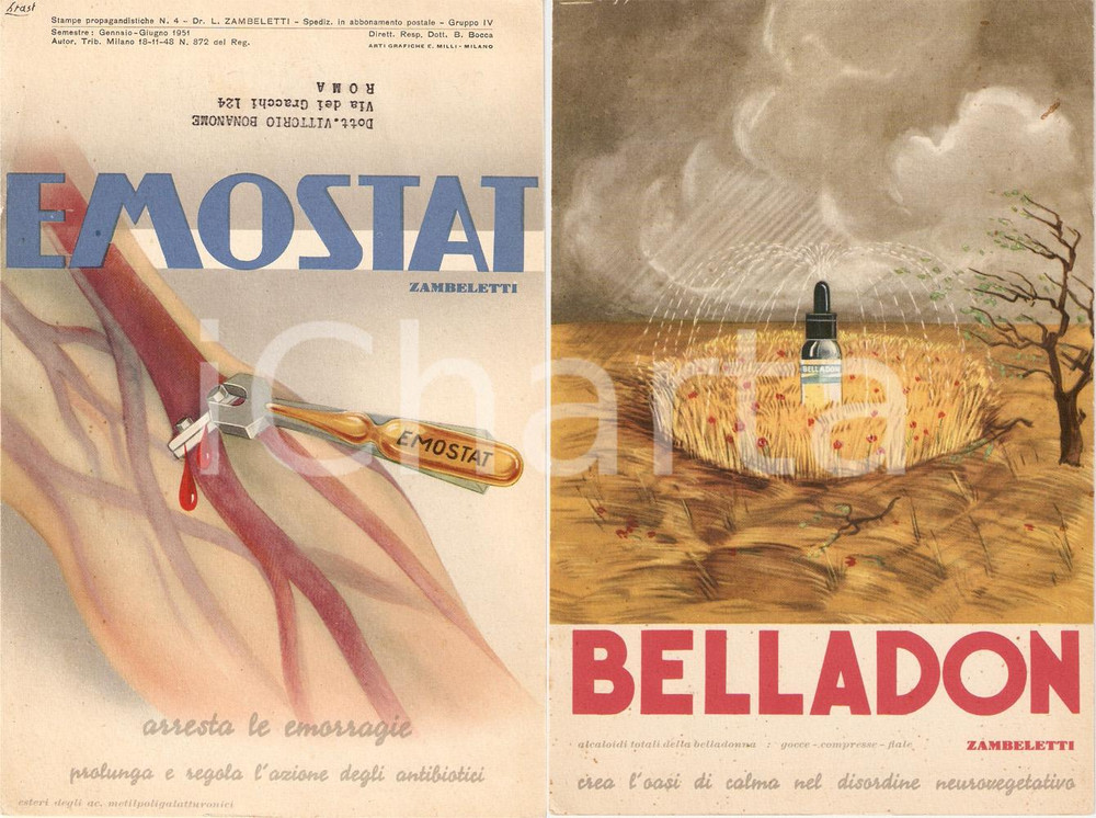 Materiale pubblicitario d’epoca 1951 MILANO Medicinali ZAMBELETTI Farmaci EMOSTAT e BELLADON Illustrato 1
