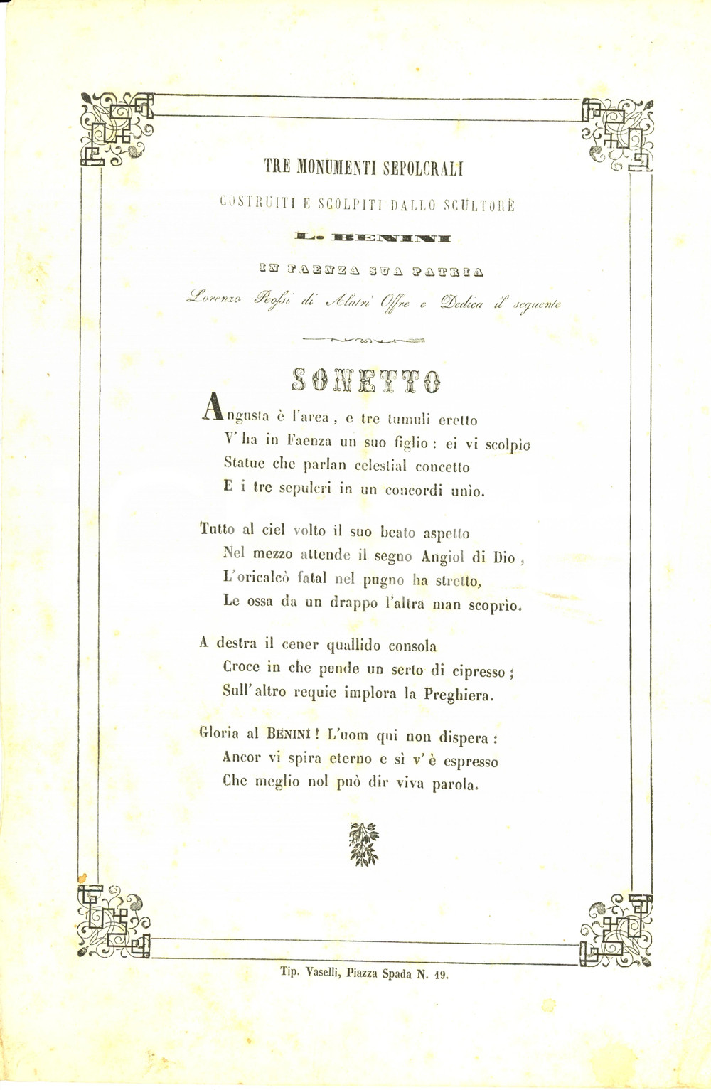 Documento originale, autentico 1850 FAENZA RA Lorenzo ROSSI sonetto a Luigi BENINI Tre monumenti sepolcrali 1