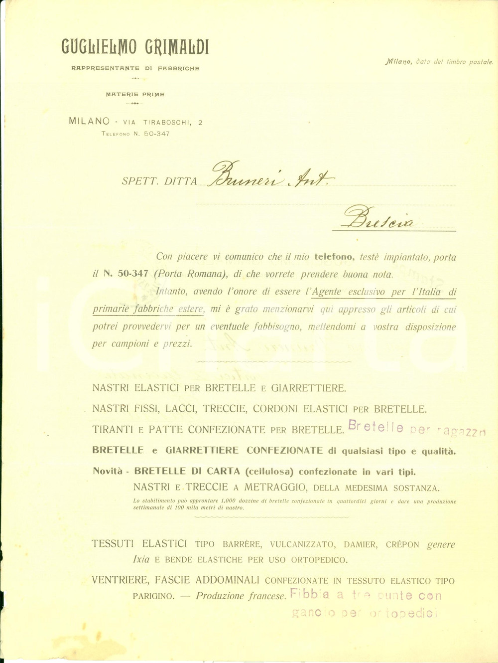 Documento originale, autentico 1920 MILANO Via Tiraboschi 2 G. GRIMALDI rappresentante bretelle giarrettiere 1