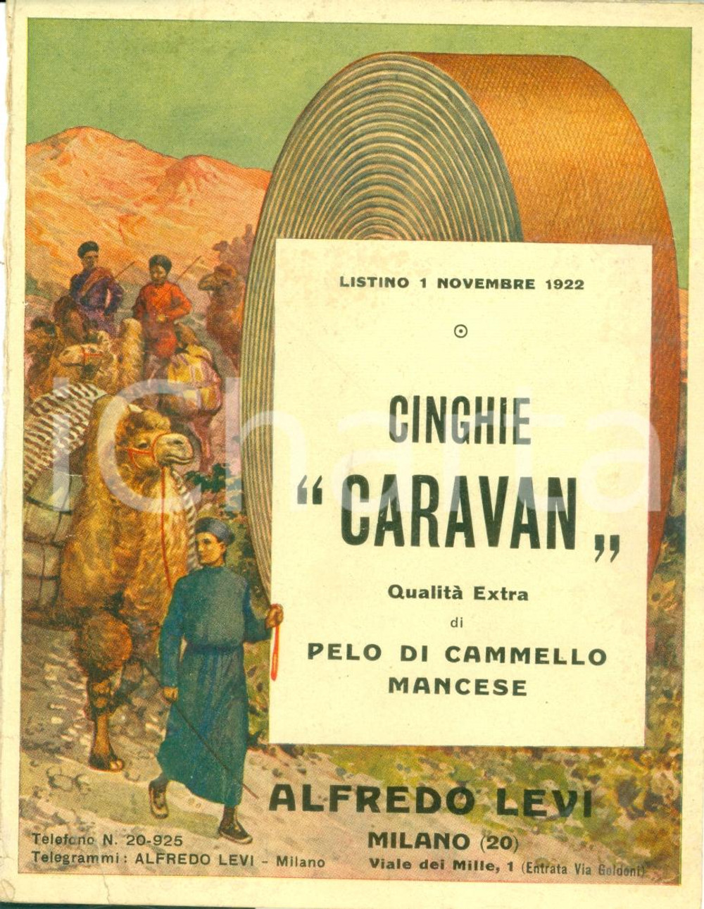 Materiale pubblicitario d’epoca 1922 MILANO Alfredo LEVI Cinghie CARAVAN pelo cammello mancese ILLUSTRATO 1