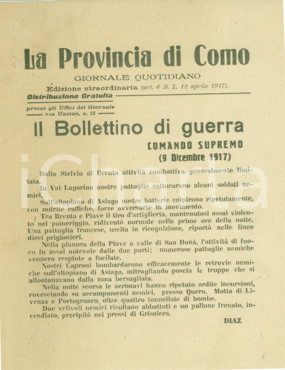 Documento originale, autentico 1917 ALTOPIANO ASIAGO WWI Bollettino Guerra Aerei CAPRONI mitragliano retrovie 1 1