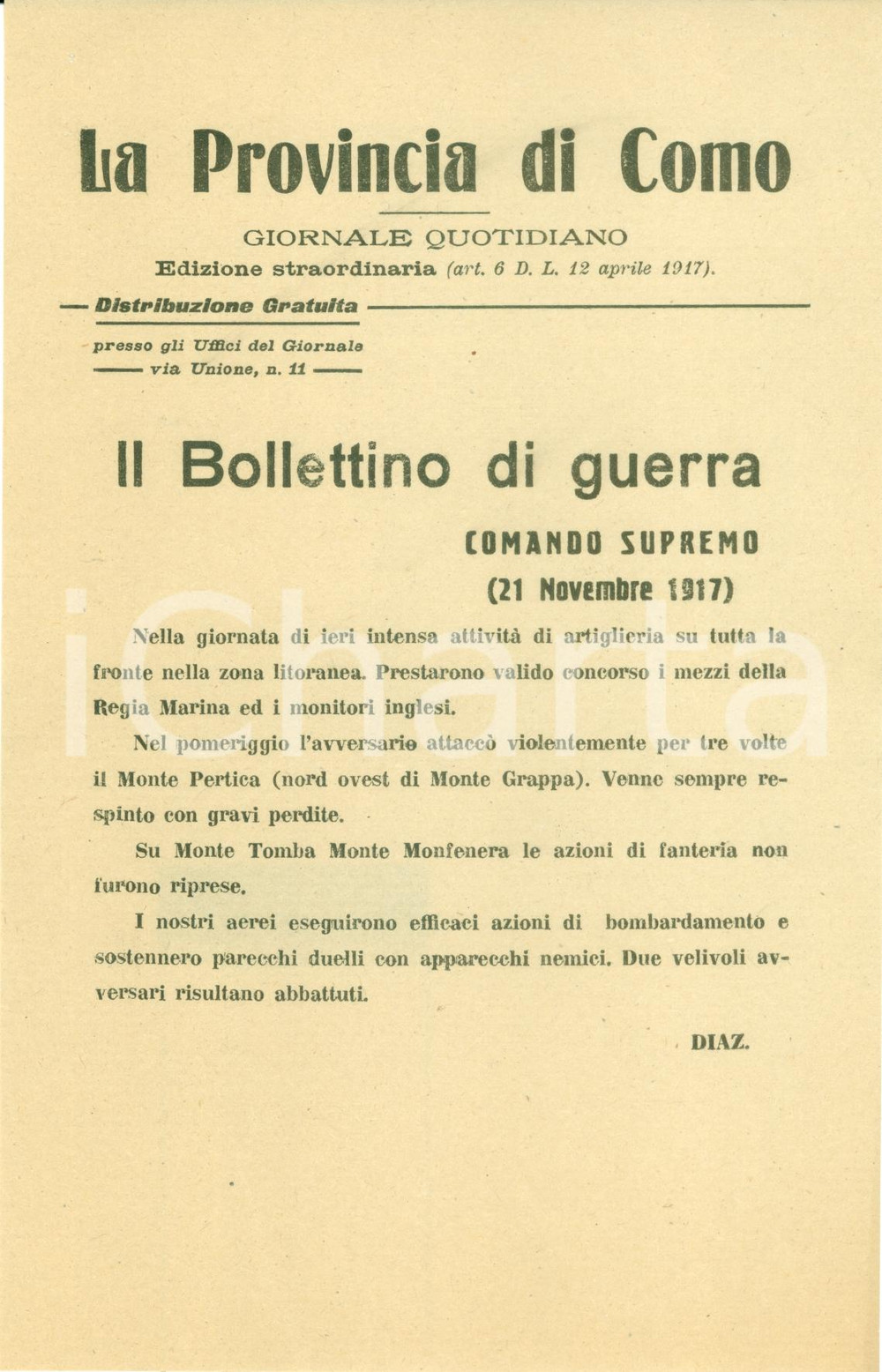 Documento originale, autentico 1917 FRONTE DEL PIAVE WWI Bollettino Guerra Scontri artiglieria Monte PERTICA 1