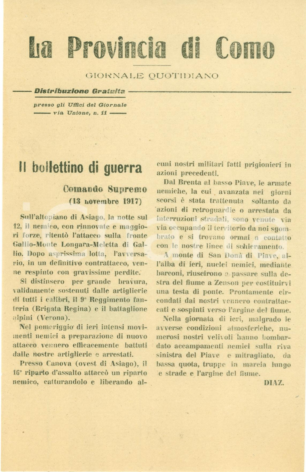 Documento originale, autentico 1917 ALTOPIANO ASIAGO WWI Bollettino Guerra Brigata REGINA Batt. Alpini VERONA 1