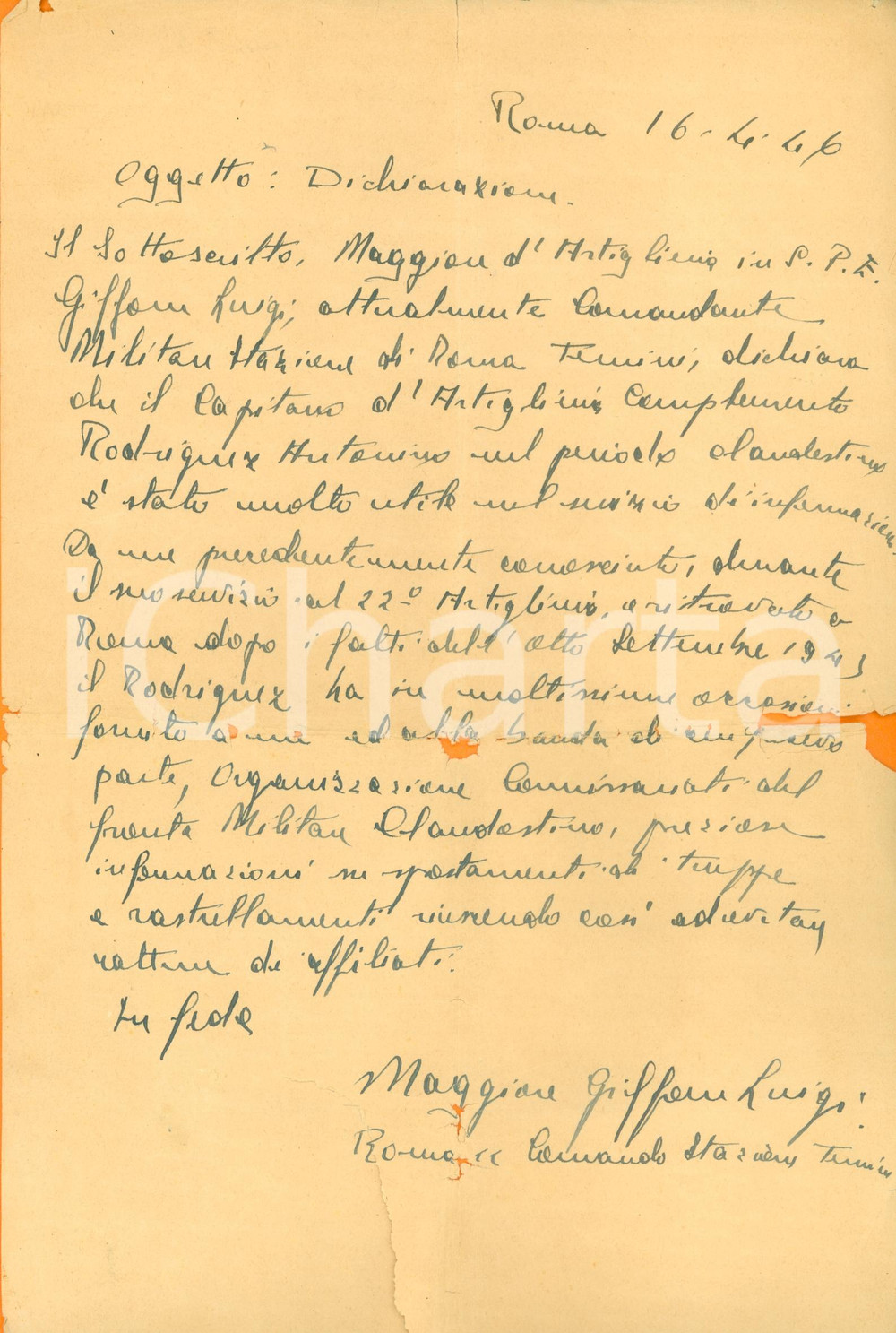 Documento originale, autentico 1946 ROMA FRONTE MILITARE CLANDESTINO Partigiano Antonino RODRIGUEZ informatore 1