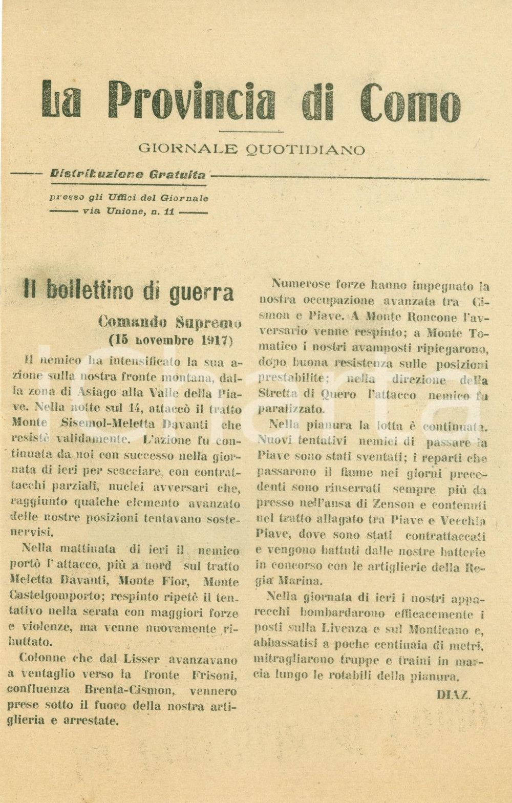 Documento originale, autentico 1917 FRONTE DEL PIAVE WWI Bollettino Guerra Nelle pianure continua la lotta 1
