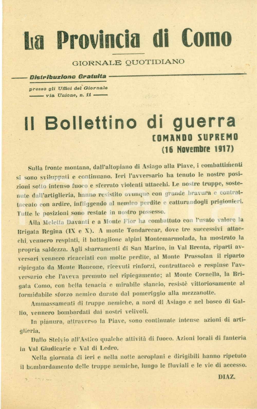 Documento originale, autentico 1917 ALTOPIANO ASIAGO WWI Bollettino Guerra Austriaci ci tengono sotto fuoco 1