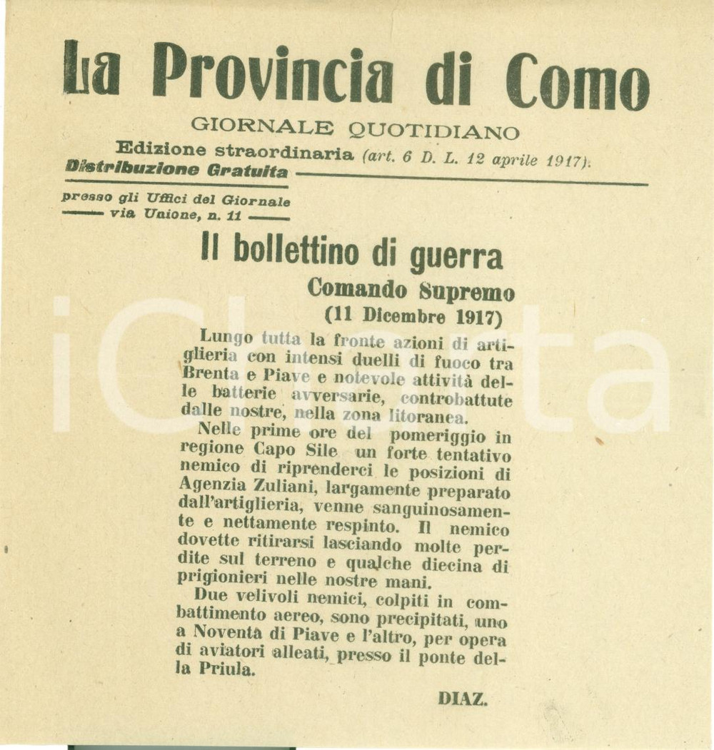 Documento originale, autentico 1917 FRONTE DEL PIAVE WWI Bollettino Guerra Intensi duelli a fuoco sul BRENTA 1