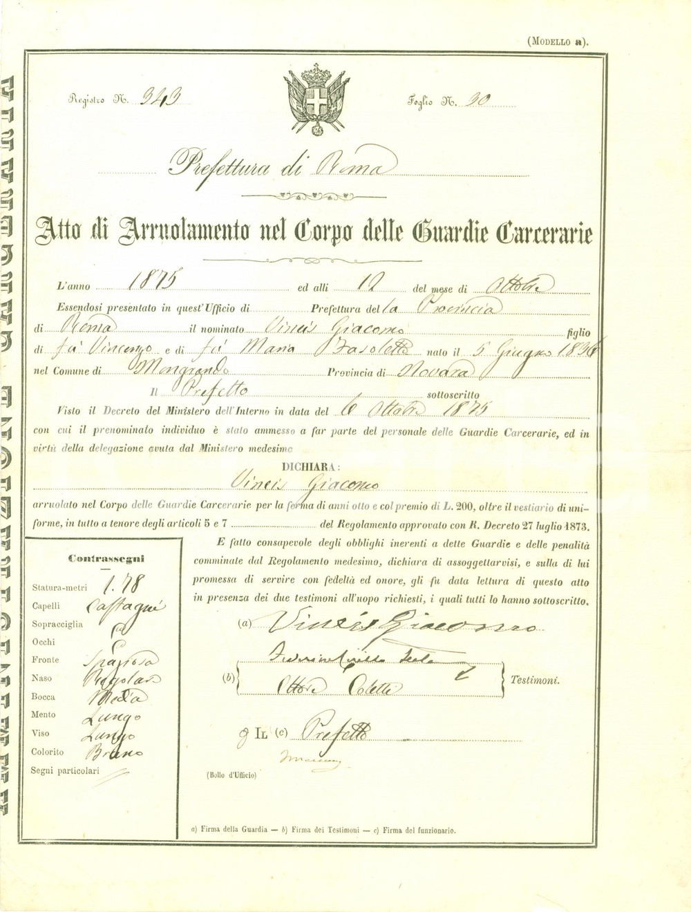 Documento originale, autentico 1875 ROMA Giacomo VINEIS si arruola come Guardia Carceraria Documento 1