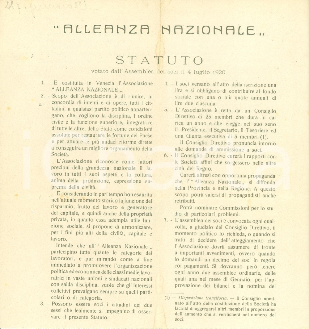 Documento originale, autentico 1920 VENEZIA Statuto ALLEANZA NAZIONALE Giovanni Battista GIURIATI Documento 1