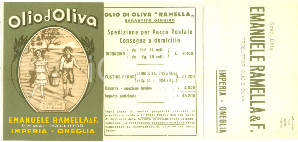 Materiale pubblicitario d’epoca 1965 IMPERIA ONEGLIA Emanuele RAMELLA & F. produttori olio d oliva sapone 1