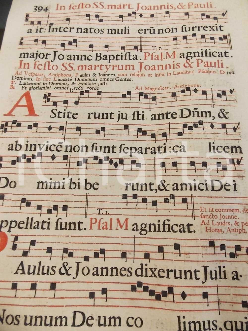 Libro, pubblicazione d epoca 1700 ca ANTIFONARIO ROMANO Pagina canti in rosso e in nero Festa GIOVANNI PAOLO 1