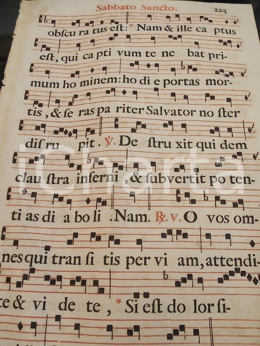 Libro, pubblicazione d epoca 1700 ca ANTIFONARIO ROMANO Pagina canti in rosso e in nero per il SABATO SANTO 1