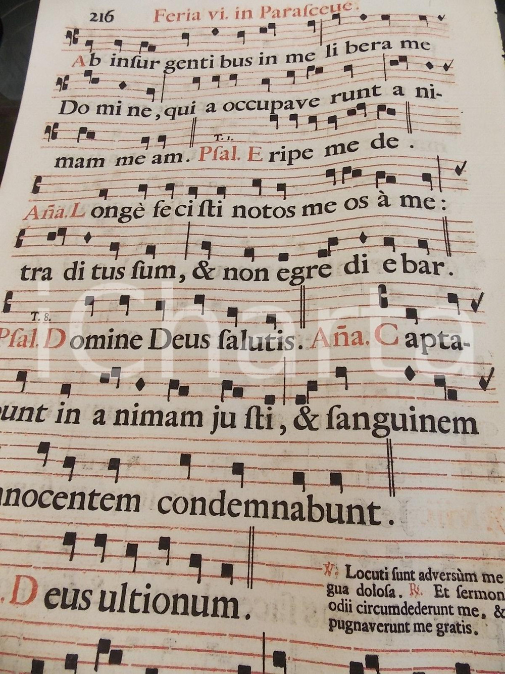 Libro, pubblicazione d epoca 1700 ca ANTIFONARIO ROMANO Pagina canti in rosso e in nero Sesta di PARASCEVE 1