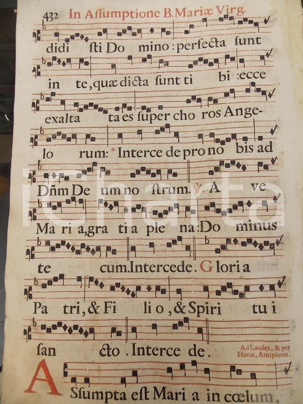 Libro, pubblicazione d epoca 1700 ca ANTIFONARIO ROMANO Pagina canti rosso e nero per l ASSUNZIONE BMV MARIA 1