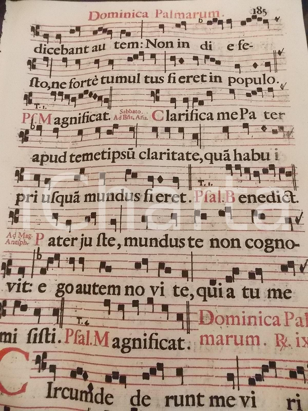 Libro, pubblicazione d epoca 1700 ca ANTIFONARIO ROMANO Pagina canti in rosso e in nero Domenica PALME 1