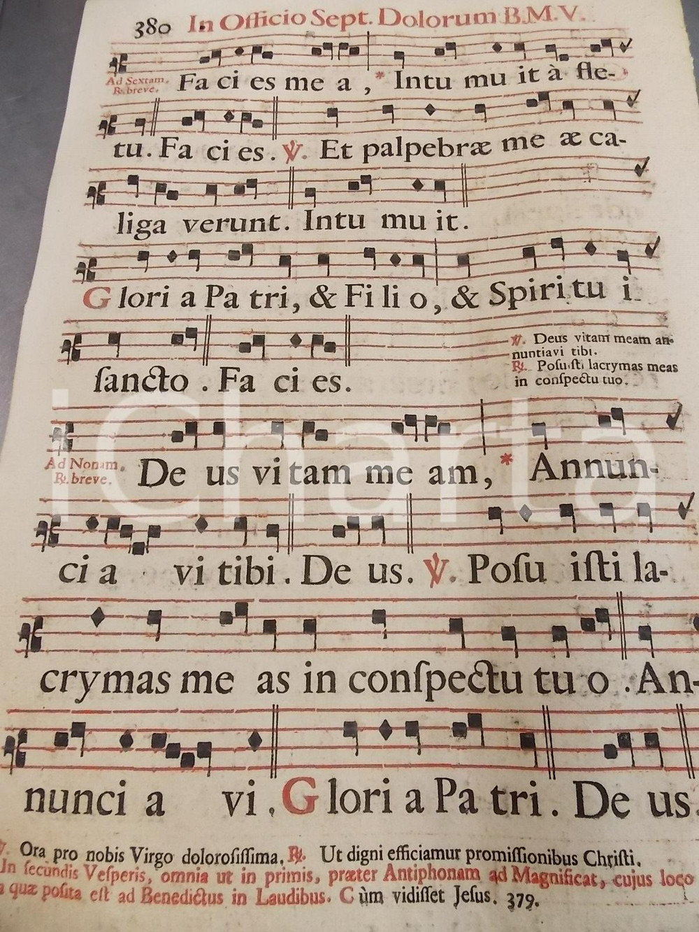 Libro, pubblicazione d epoca 1700 ca ANTIFONARIO ROMANO Pagina canti rosso e nero SETTE DOLORI VERGINE MARIA 1