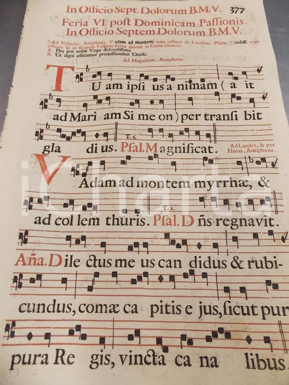 Libro, pubblicazione d epoca 1700 ca ANTIFONARIO ROMANO Pagina canti in rosso e in nero SETTE DOLORI B.M.V. 1
