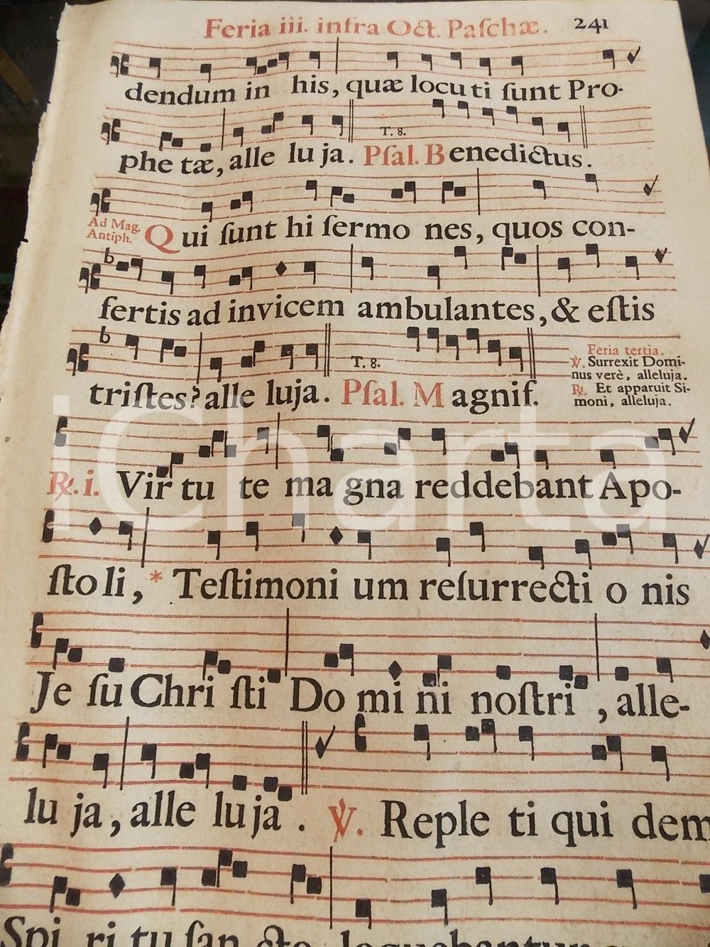 Libro, pubblicazione d epoca 1700 ca ANTIFONARIO ROMANO Pagina canti rosso e nero Terzo giorno Ottava PASQUA 1