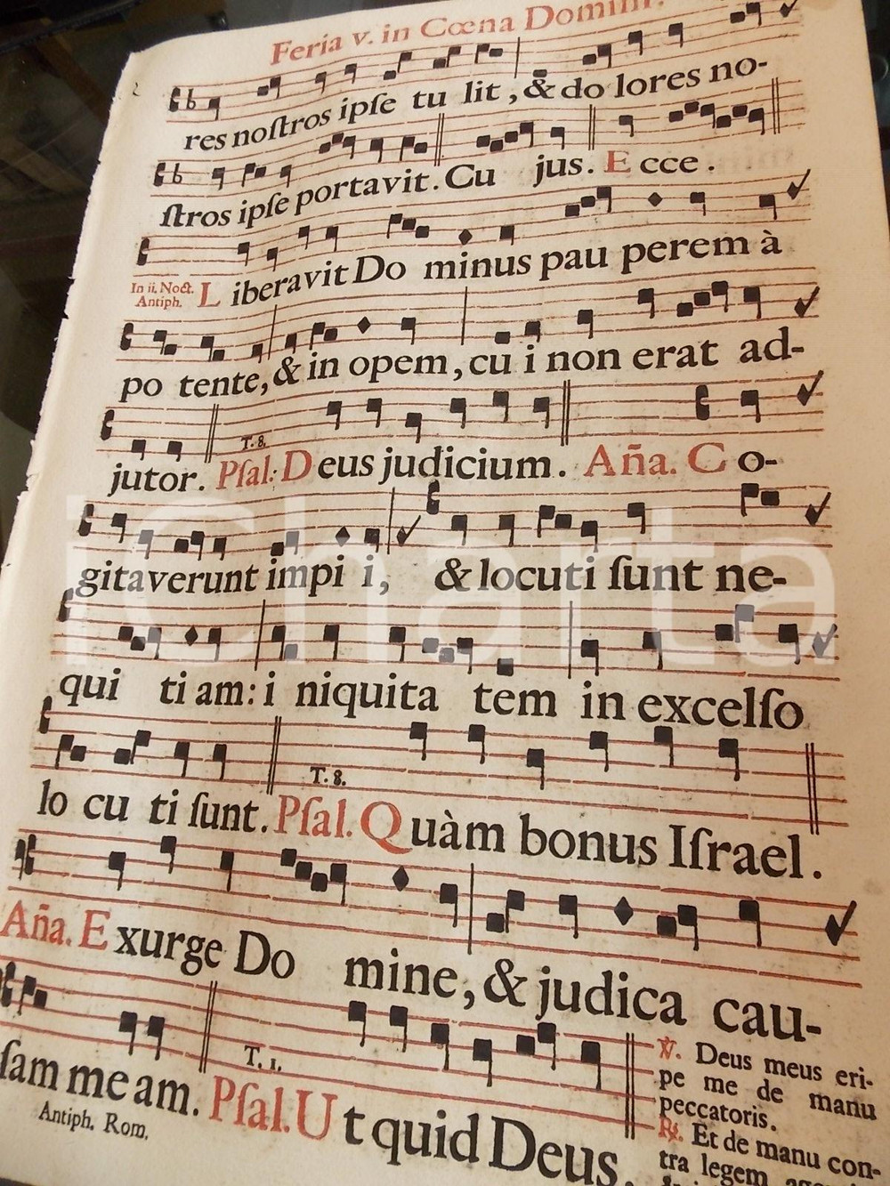 Libro, pubblicazione d epoca 1700 ca ANTIFONARIO ROMANO Pagina con canti in rosso e nero Cena SIGNORE 1