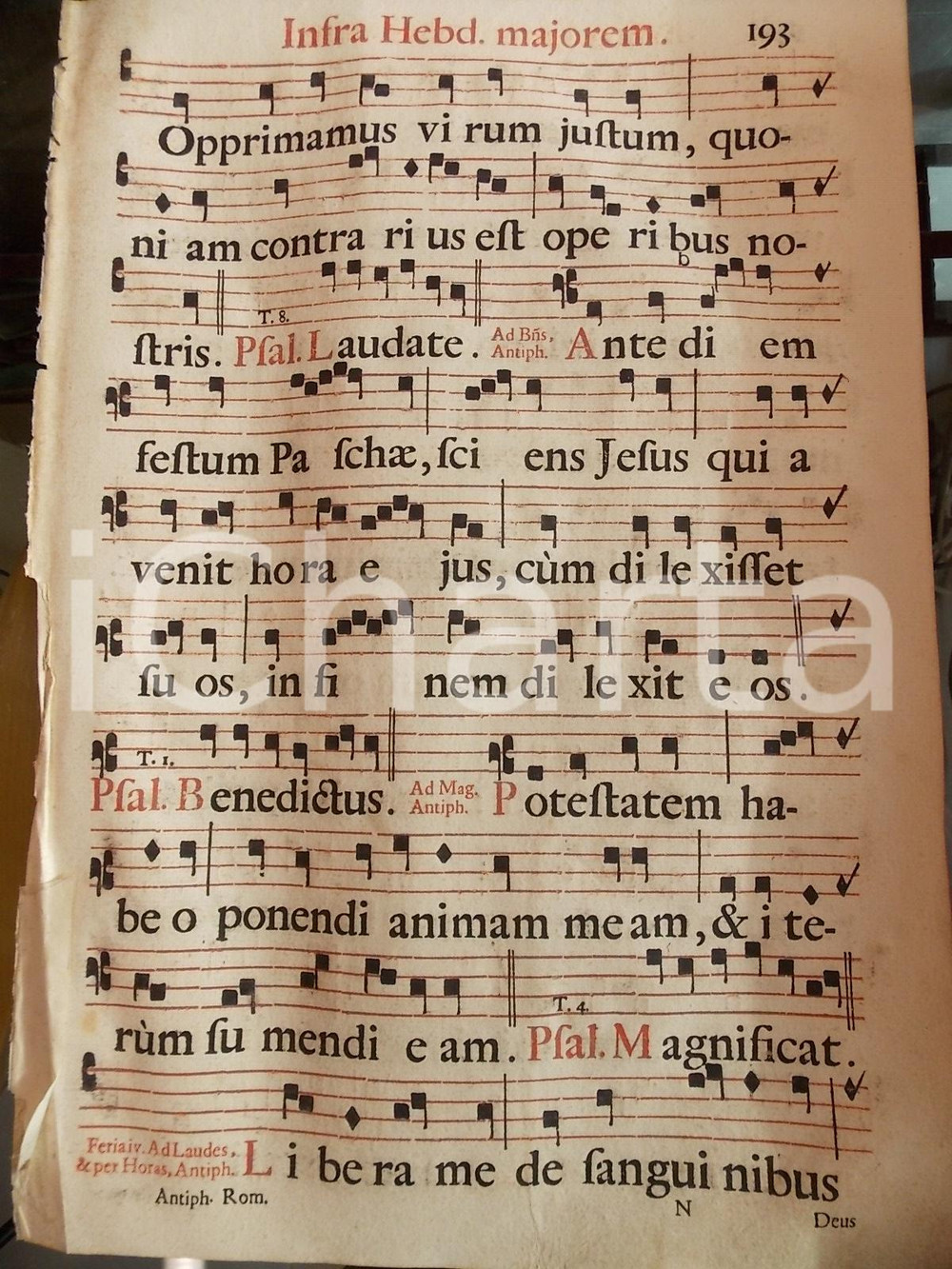 Libro, pubblicazione d epoca 1700 ca ANTIFONARIO ROMANO Pagina con canti in rosso e nero Settimana PASQUA 1