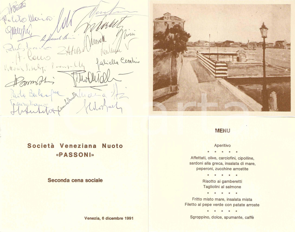 Oggetto da collezione cartaceo 1991 VENEZIA SocietÃ  Veneziana Nuoto PASSONI MenÃ¹ cena sociale CON AUTOGRAFI 1