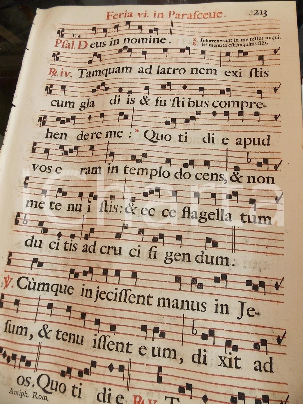 Libro, pubblicazione d epoca 1700 ca ANTIFONARIO ROMANO Pagina con canti in rosso e nero PARASCEVE 1
