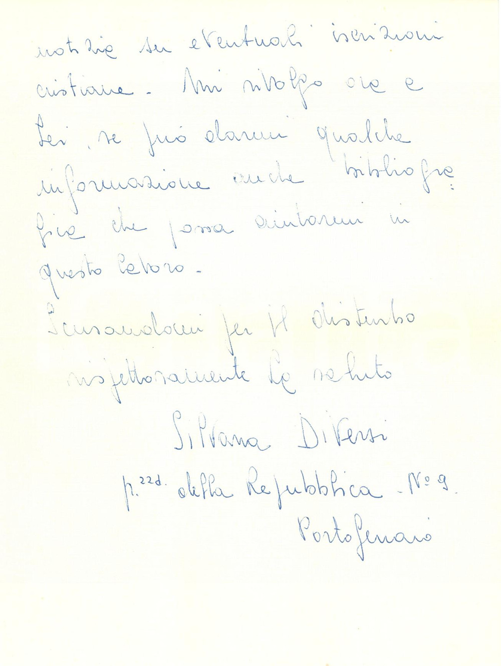 Manoscritto, lettera originale 1957 PORTOFERRAIO LI Silvana DIVERSI studia archeologia Isola d ELBA Autografo 1