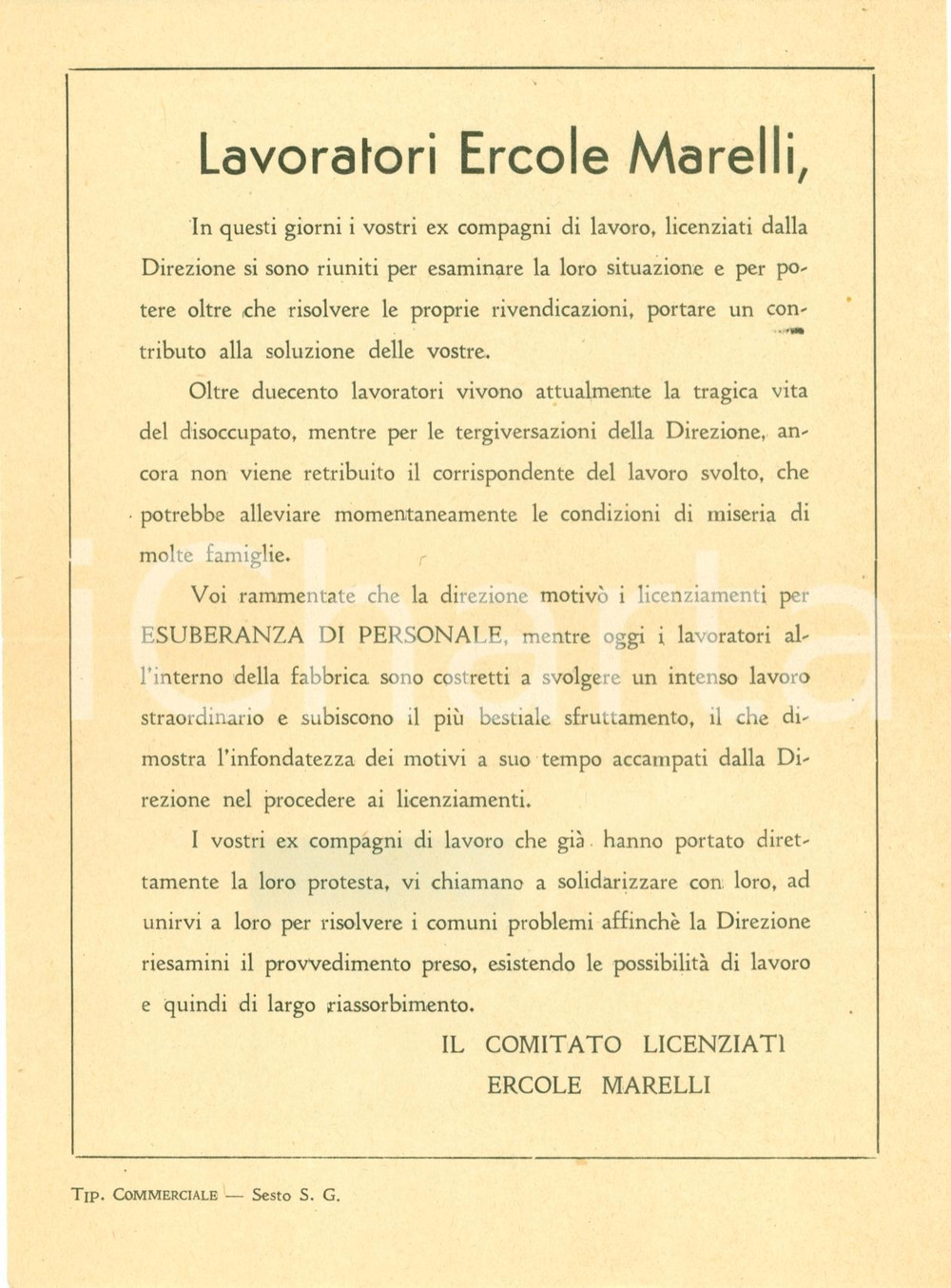Materiale pubblicitario d’epoca 1950 SESTO SAN GIOVANNI MI Aiutiamo licenziati Ercole MARELLI Volantino 1