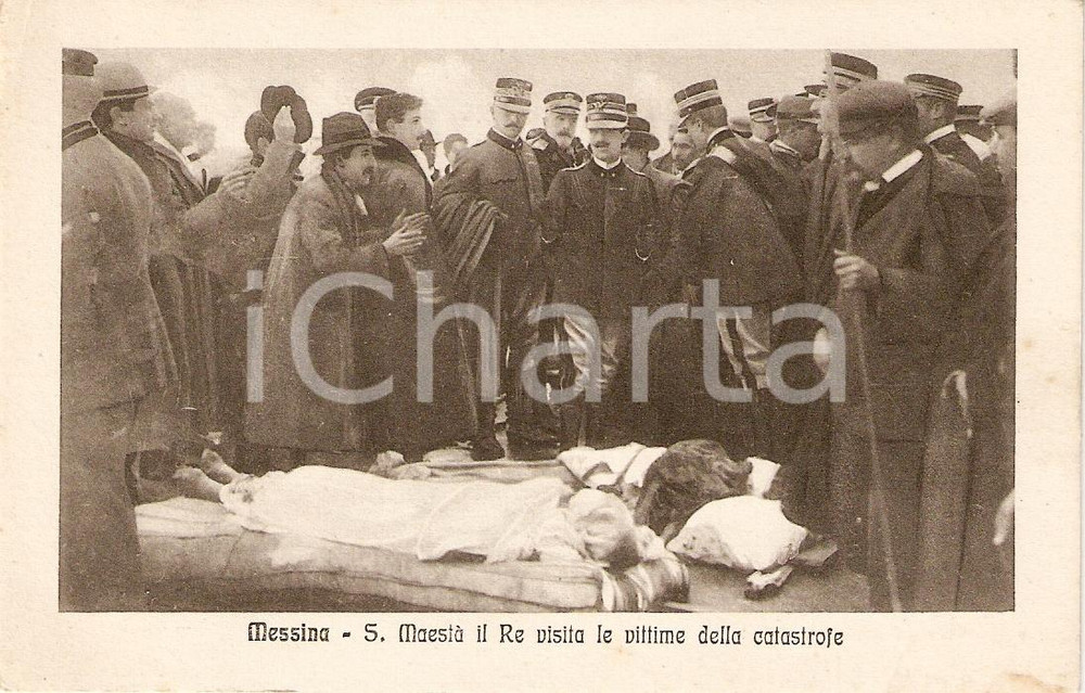 Cartolina originale da collezione 1930 ca MESSINA Vittorio Emanuele III visita vittime TERREMOTO 1908 Cartolina FP 1