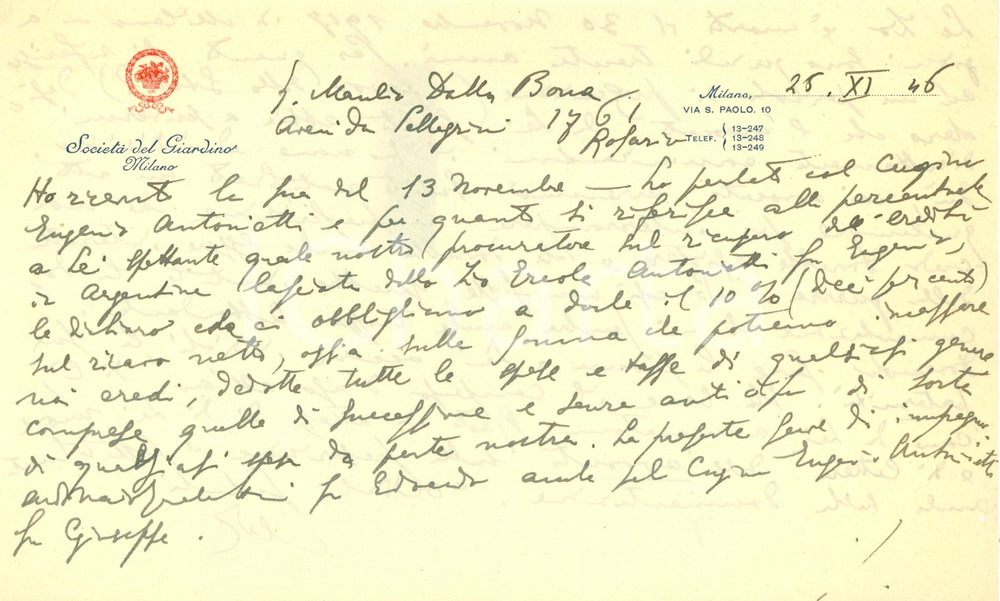 Manoscritto, lettera originale 1946 MILANO SocietÃ  del Giardino EreditÃ  Ercole ANTONIETTI in ARGENTINA Lettera 1