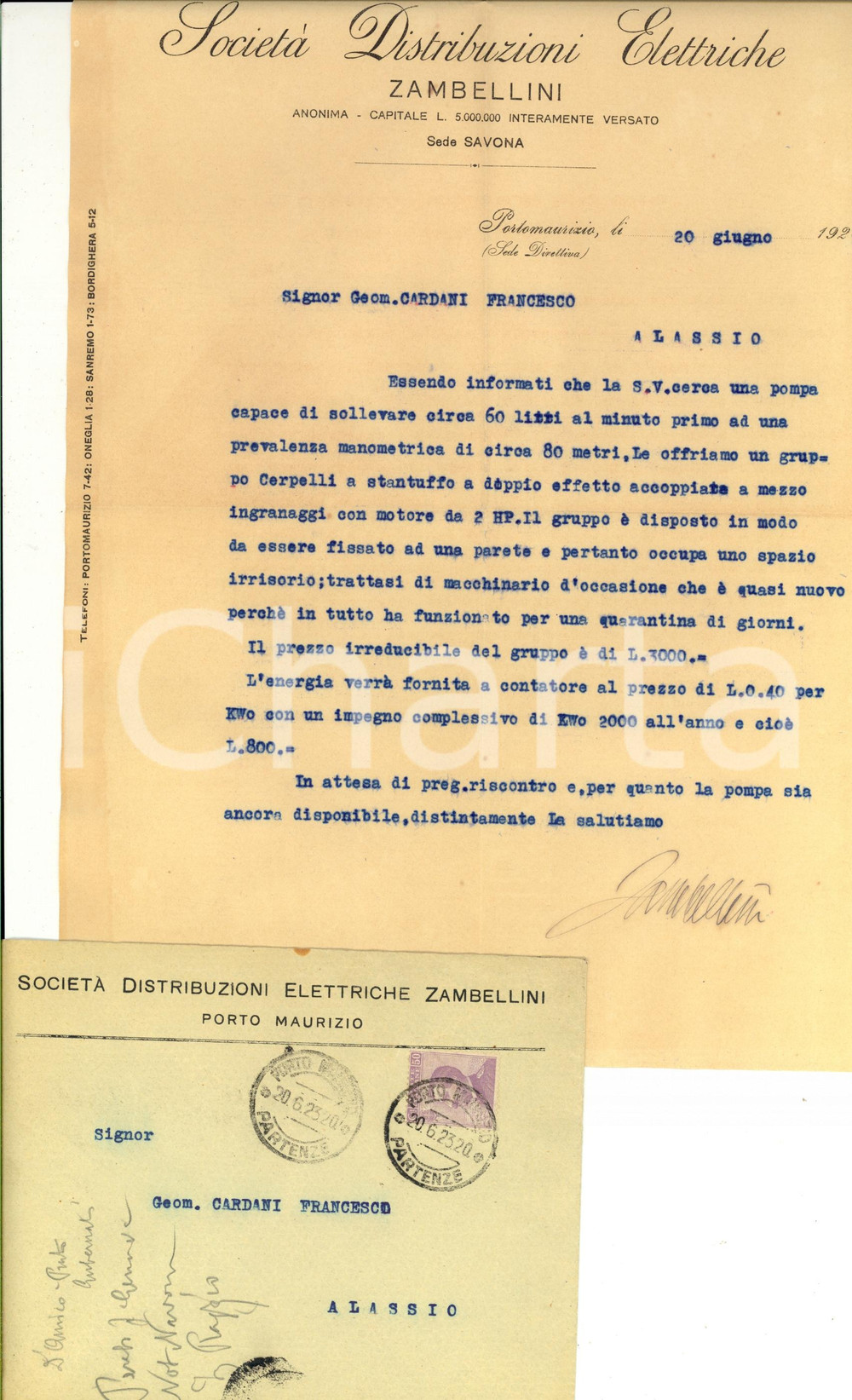 Manoscritto, lettera originale 1923 PORTO MAURIZIO IM SocietÃ  distribuzioni elettriche ZAMBELLINI Lettera 1