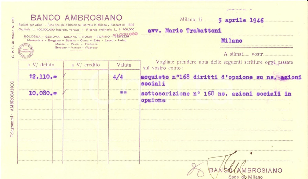 Oggetto da collezione cartaceo 1946 MILANO BANCO AMBROSIANO Sottoscrizione azioni sociali Ricevuta 1