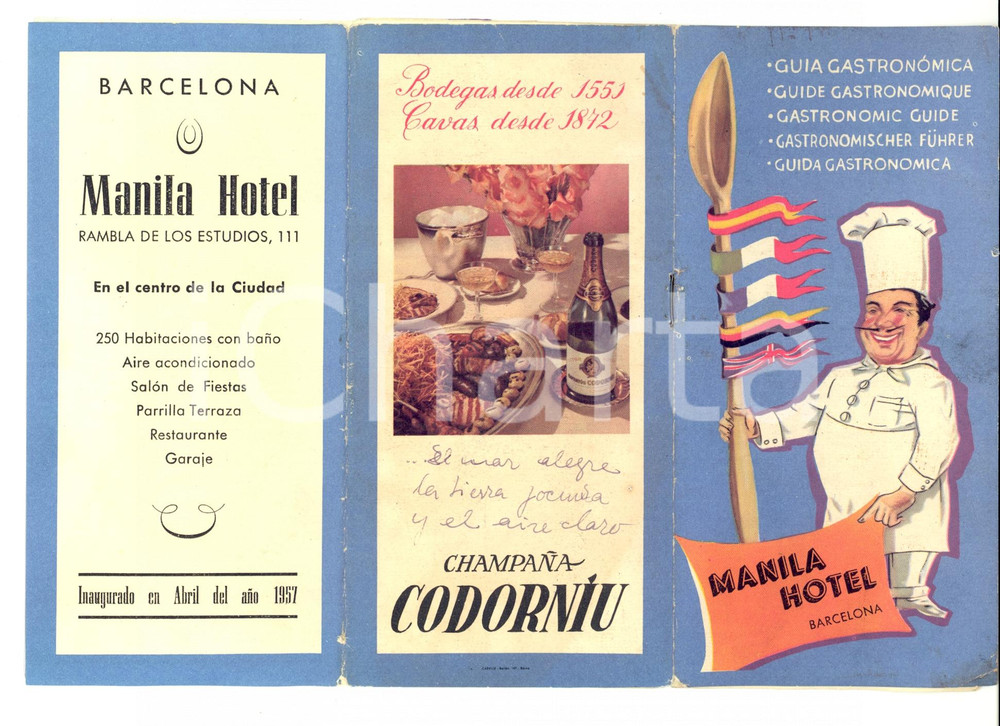 Autografo originale 1957 BARCELLONA Hotel ristorante MANILA Opuscolo pubblicitario 1