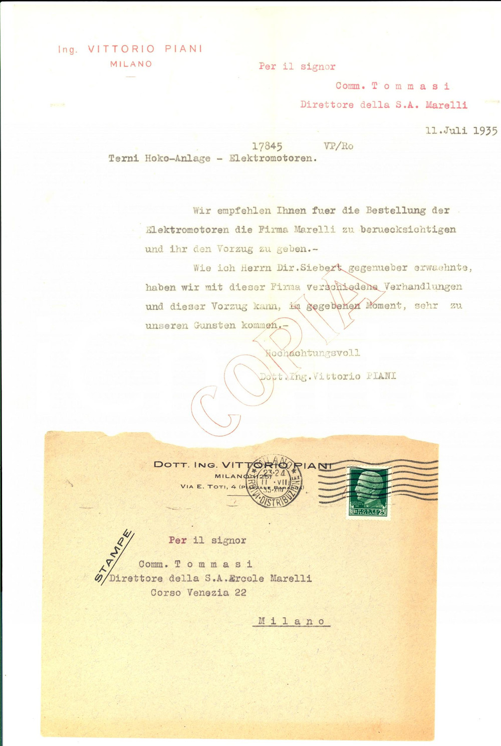 Manoscritto, lettera originale 1935 MILANO Lettera ing. Vittorio PIANI alla ditta Ercole MARELLI 1