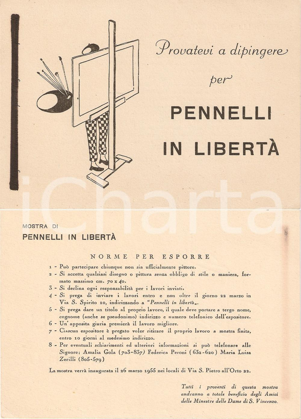 Materiale pubblicitario d’epoca 1955 MILANO Mostra Pennelli in LibertÃ  regolamento ILLUSTRATO Biglietto 1