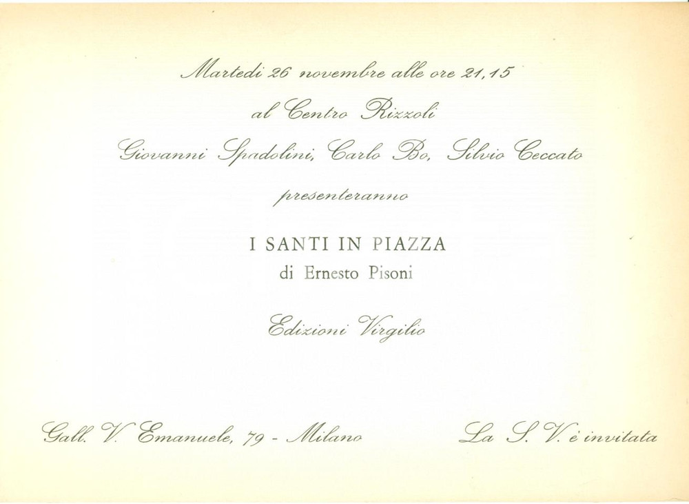 Oggetto da collezione cartaceo 1974 MILANO Presentazione Santi in piazza Ernesto PISONI Centro RIZZOLI 1