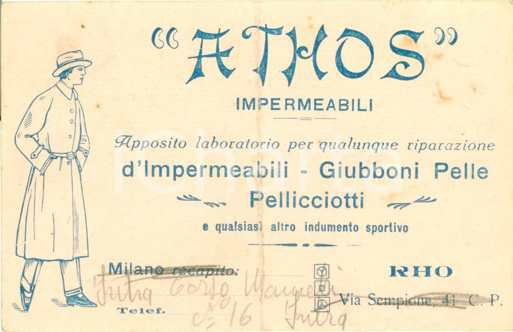 Materiale pubblicitario d’epoca 1946 RHO MI Laboratorio impermeabili ATHOS Biglietto DANNEGGIATO 1