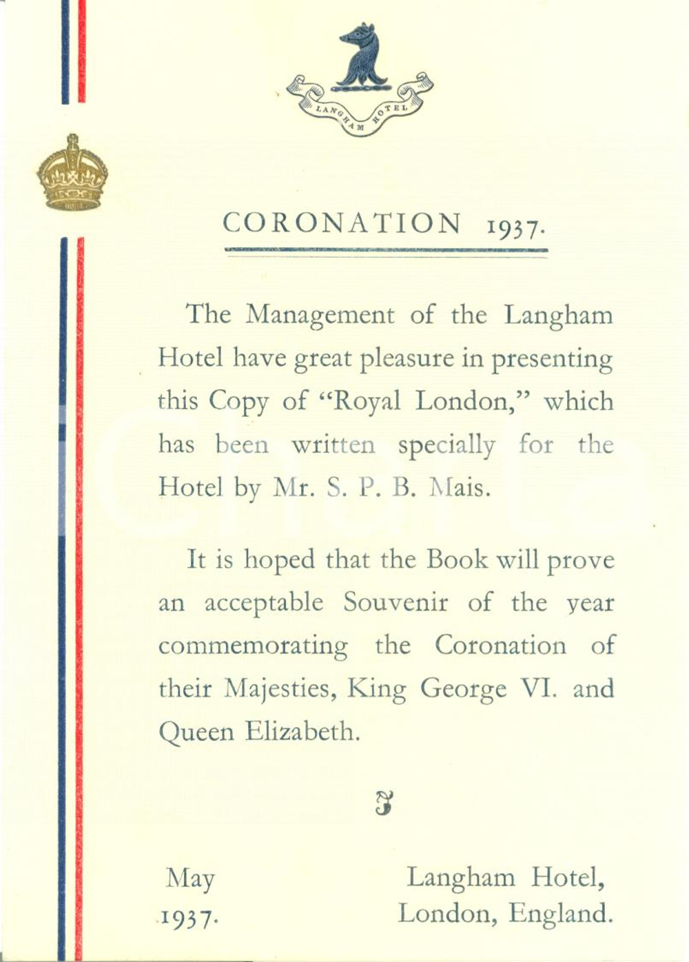 Documento originale, autentico 1937 LONDON UK Leaflet LANGHAM HOTEL Coronation GEORGE VI Queen ELIZABETH 1