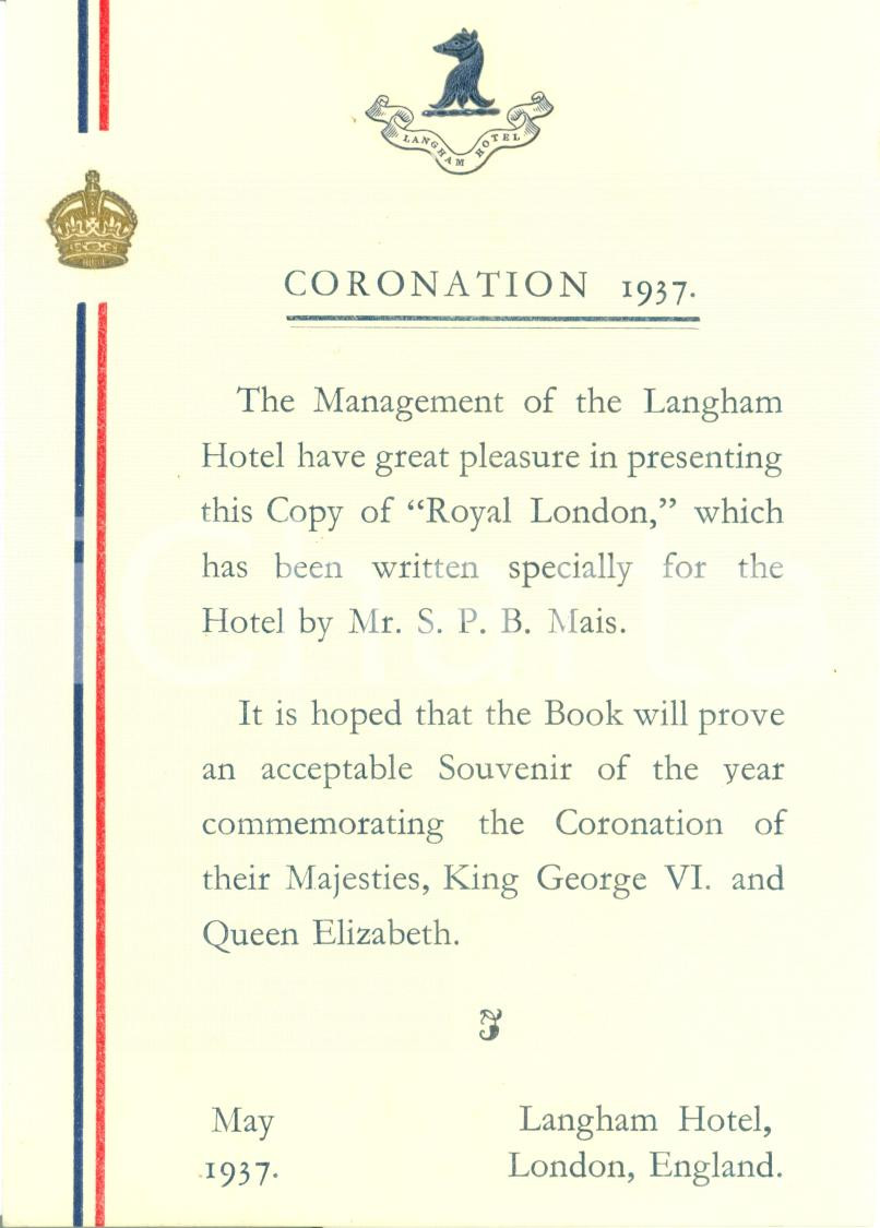 Documento originale, autentico 1937 LONDON UK Leaflet LANGHAM HOTEL Coronation GEORGE VI Queen ELIZABETH 1