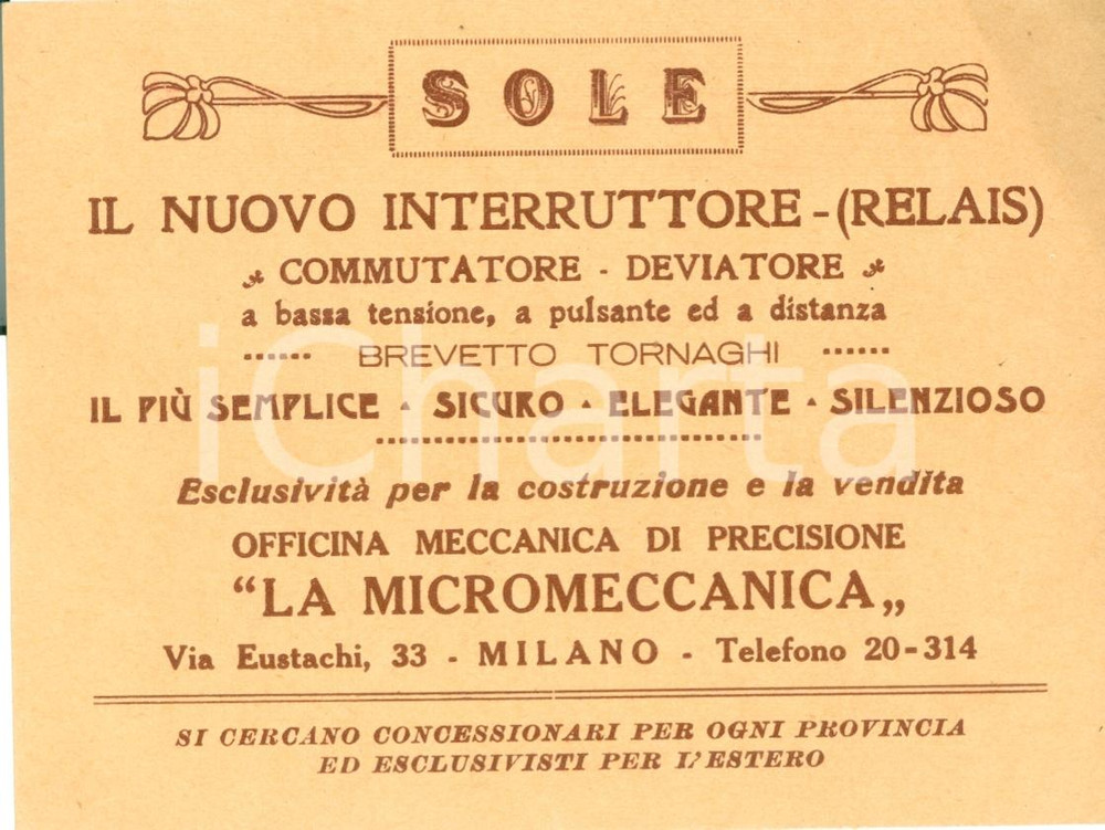 Materiale pubblicitario d’epoca 1930ca MILANO Via Eustachi 33  Officina LA MICROMECCANICA Interrutore Brevettato 1