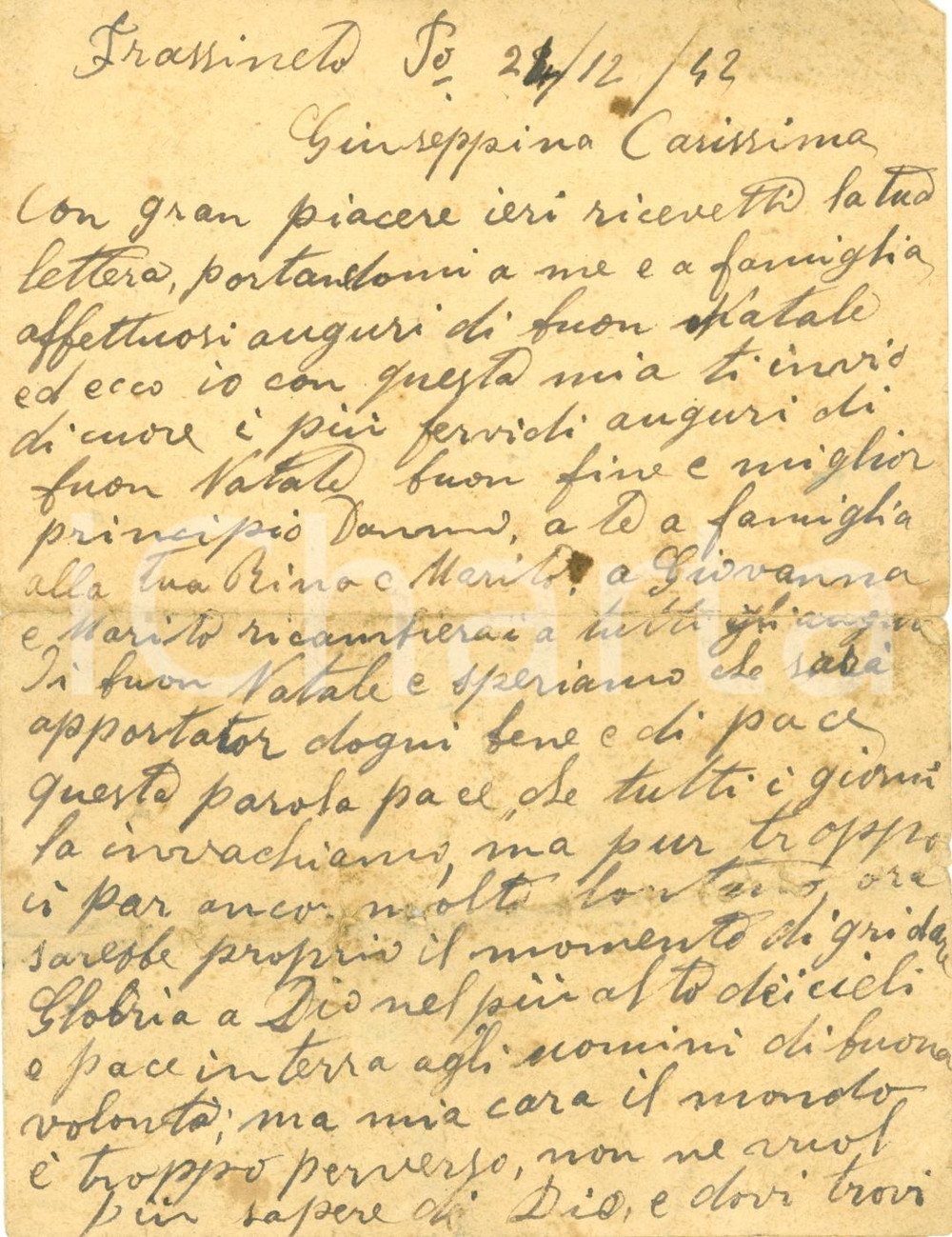Documento originale, autentico 1942 FRASSINETO PO AL WW2 Figli in guerra in un mondo senza DIO Lettera 1