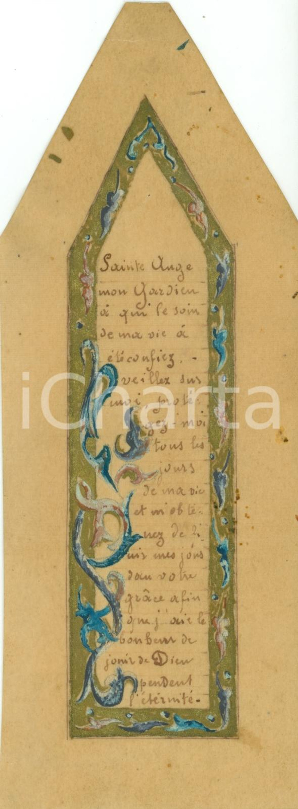 Oggetto da collezione cartaceo 1900 ca FRANCIA Preghiera Angelo Custode Segnalibro manoscritto DECORATO 1