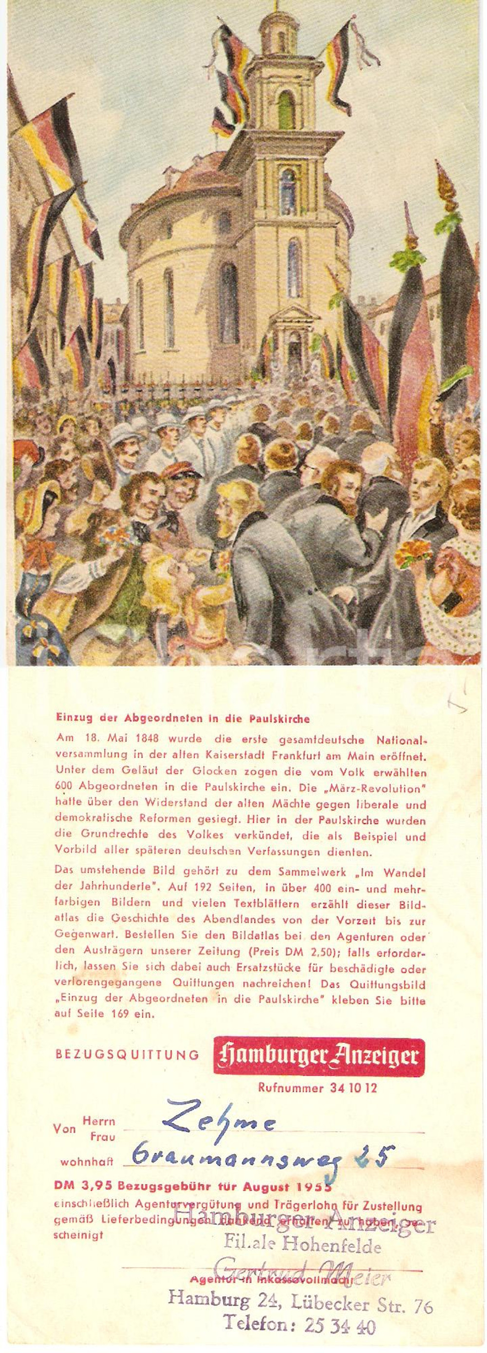 Materiale pubblicitario d’epoca 1954 HAMBURGER ANZEIGER Im Wandel der Jahrhunderte Volantino ILLUSTRATO 1