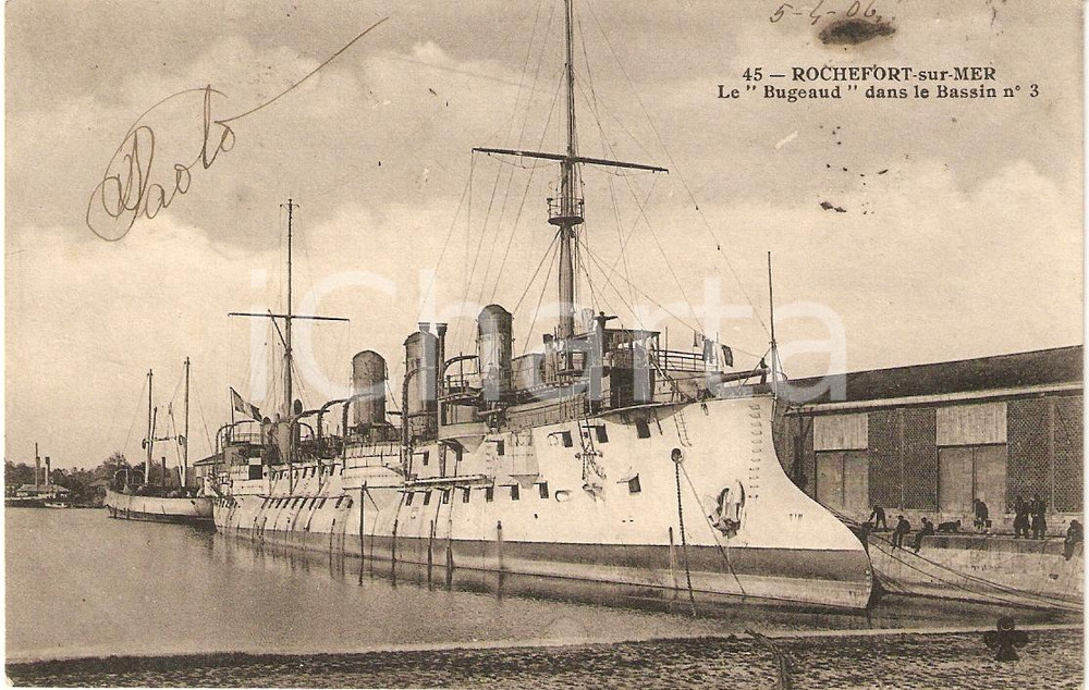 Cartolina originale da collezione 1906 ROCHEFORTSURMER Croiseur BUGEAUD in Bassin 3 incrociatore Cartolina FP VG 1