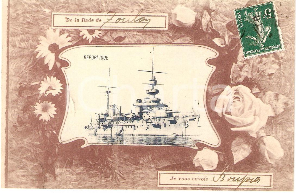 Cartolina originale da collezione 1910 ca MARINA MILITARE FRANCESE CuirassÃ© REPUBLIQUE Corazzata Cartolina FP VG 1