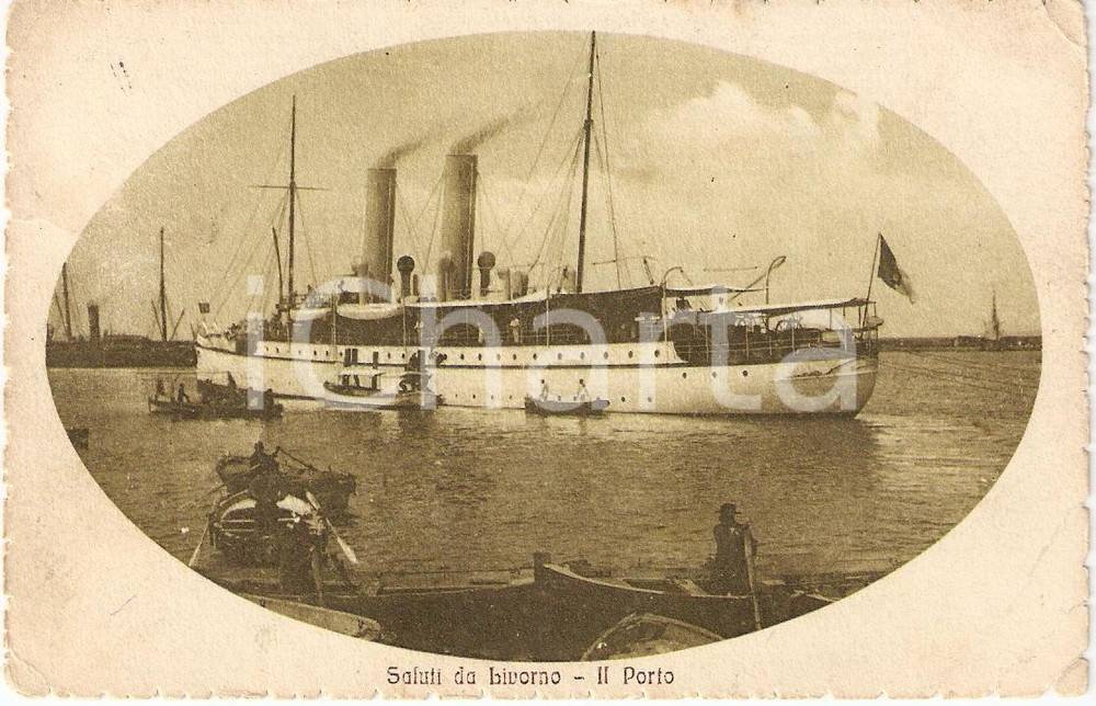 Cartolina originale da collezione 1917 LIVORNO Nave attracca al PORTO Animata Cartolina FP VG 1